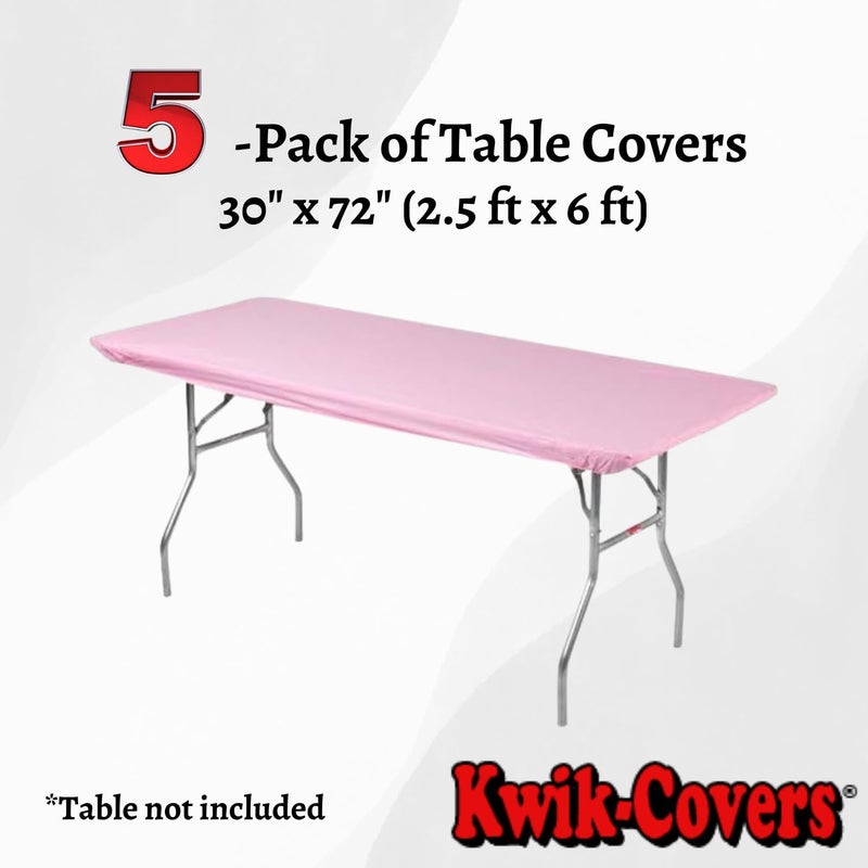 Kwik-Covers 6' Rectangle Plastic Table Covers 30" x 72", Bundle of 5 (Pink) - Image 2